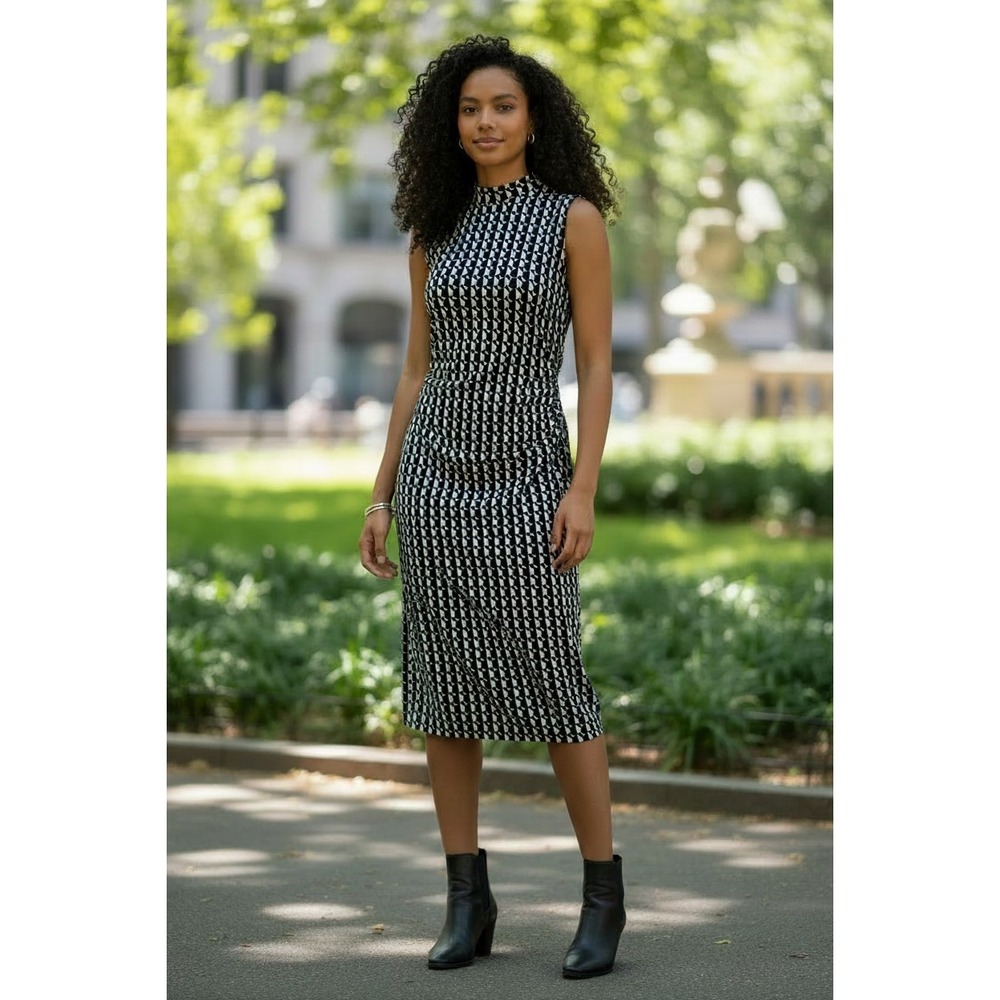 H&M Black And White Print Sleeveless Midi Dress Side Ruched Sz. M Bodycon